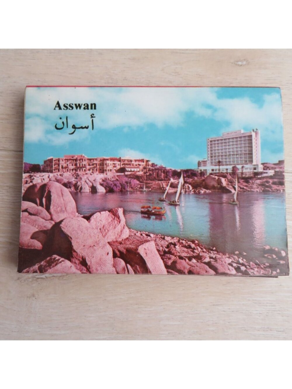 Vintage Folding Postcard Book of Aswan Egypt 18 Scenic Views Hieroglyphic Art